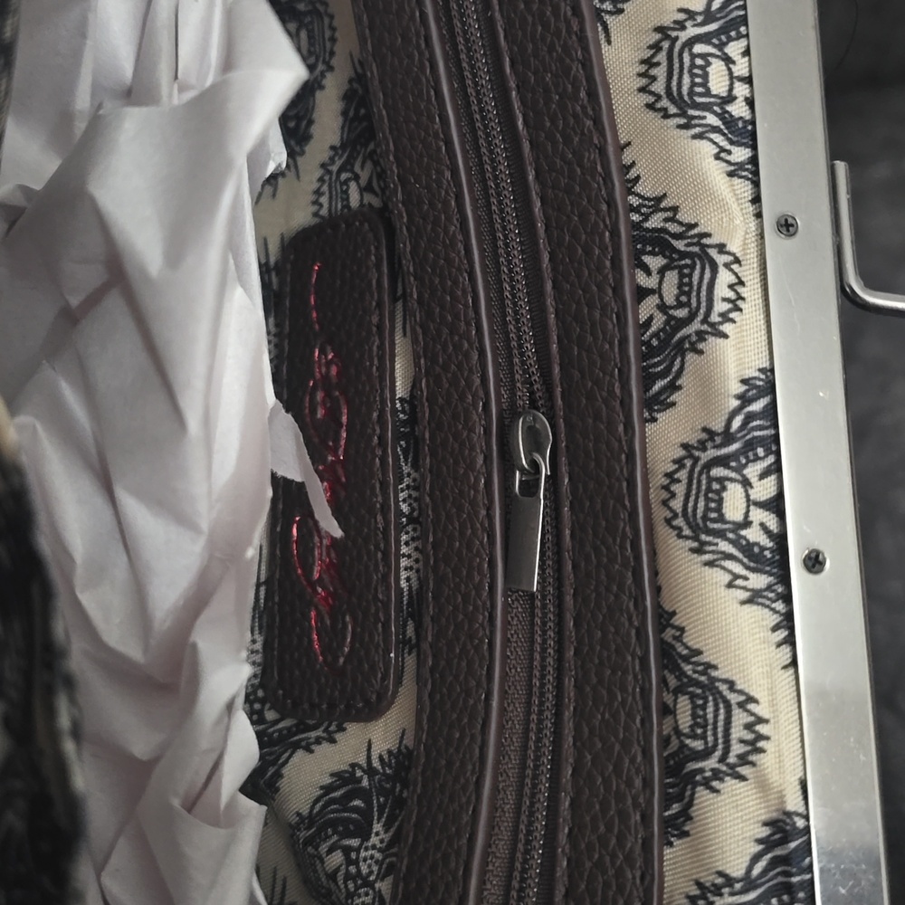 Ed Hardy Burgundy Embroidered Tiger Frame-Top Bag - Picture 10 of 10